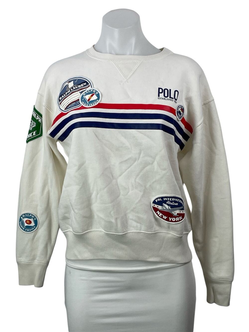 Polo Ralph Lauren Travel Cream Fleece Long Sleeves Patchwork Sweatshirt Top SP